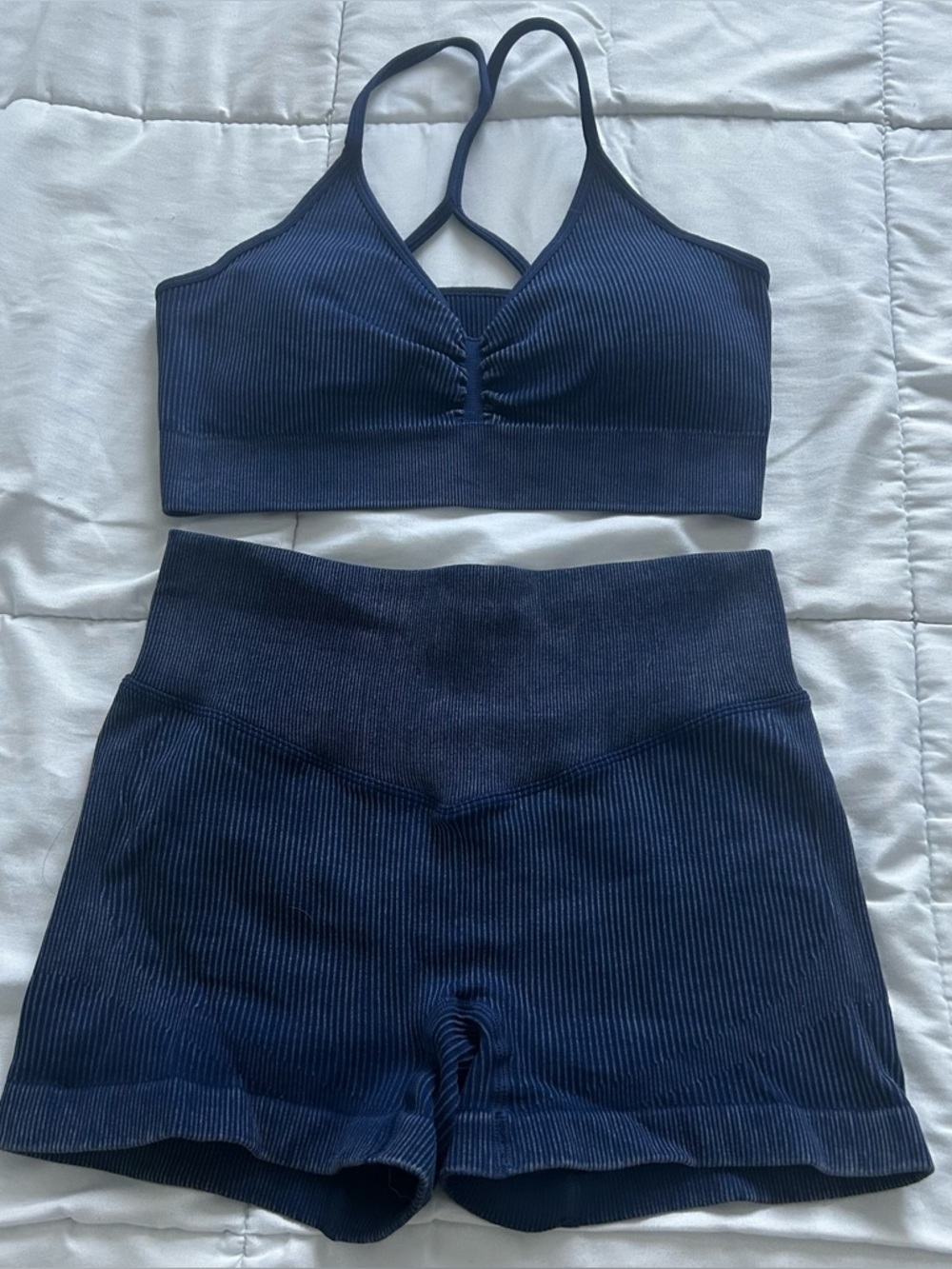 Ribbed Navy Blue Seamless Sports Bra & High-Waist Shorts Set